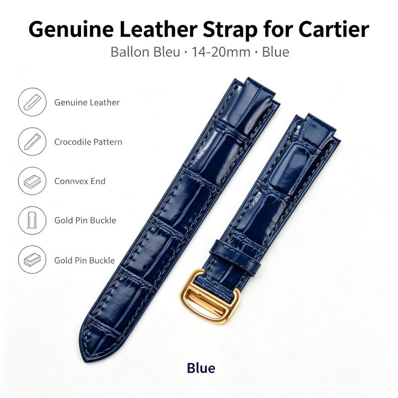 Cartier Watch Ballon Bleu - 14-20mm Echtleder-Armband für Cartier Ballon Bleu,